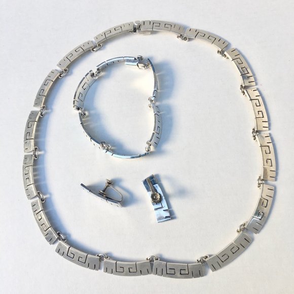 Vintage Signed Mexico Sterling Choker Bracelet Earrings Set - Picture 2 of 8